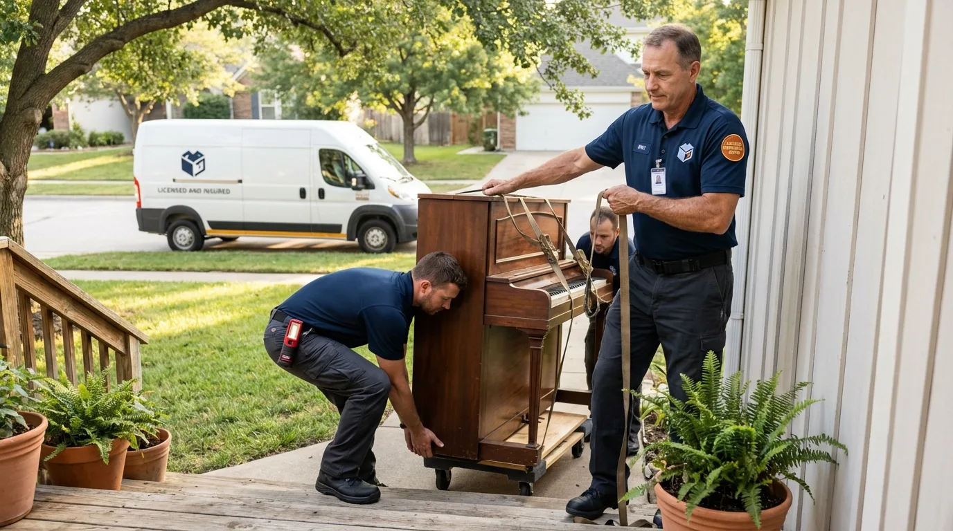 Licensed piano movers securing grand piano in Salineville, OH